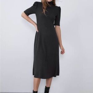 Elegant Charcoal Midi Ribbed Dress